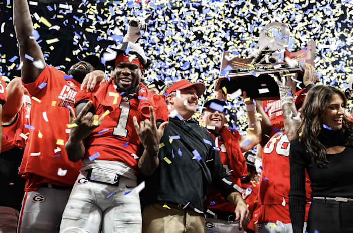 Kirby Smart and the Bulldogs celebrate after defeating LSU in the 2022 SEC Championship.